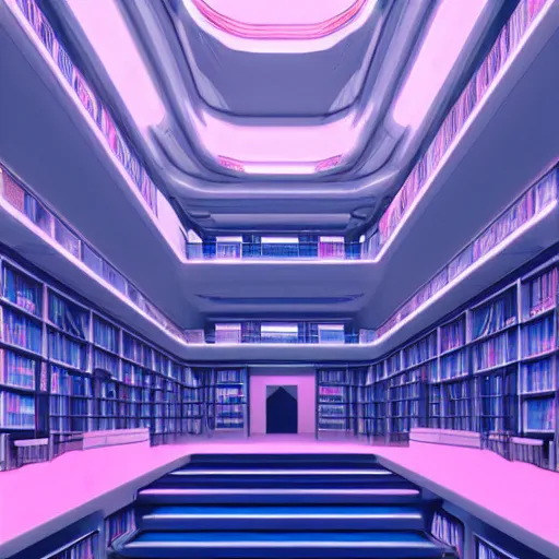 Prompt: hyperrealistic futuristic library hall, very detailed, technology, cyberpunk, dark blue and pink volumetric light, cgsociety, in the style of artgerm and artstation