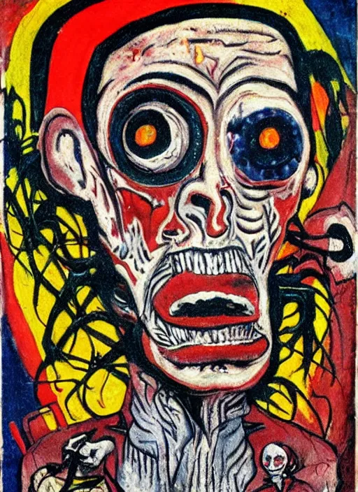 Prompt: a horror mad portrait of extraterrestrial art brut by a psycho man, full color outsider crazy marginal art