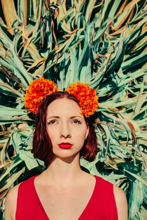 Image similar to giant flower head, frontal, girl standing in mid century hotel, surreal, symmetry, bright colors, cinematic, wes anderson