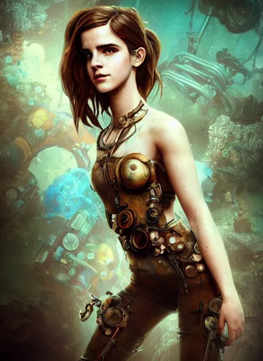 Image similar to underwater steampunk biopunk portrait of emma watson, au naturel, hyper detailed, digital art, trending in artstation, cinematic lighting, studio quality, smooth render, unreal engine 5 rendered, octane rendered, art style by klimt and nixeu and ian sprigger and wlop and krenz cushart.