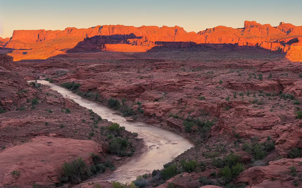 Image similar to “a dried up river bend running through a canyon surrounded by desert mountains at sunset, moab, utah, a tilt shift photo by Frederic Church, ansel adams, trending on unsplash, hudson river school, national geographic photo”