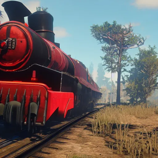 Image similar to futuristic sleek steam locomotive in red dead redemption 2