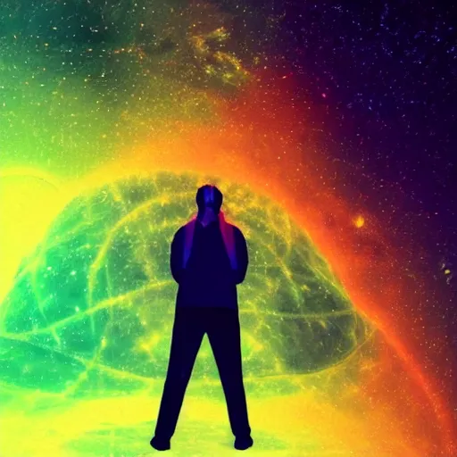 Image similar to a man standing in front of a black background, a hologram by jang seung - eop, behance contest winner, space art, low poly, cosmic horror, 2 d game art
