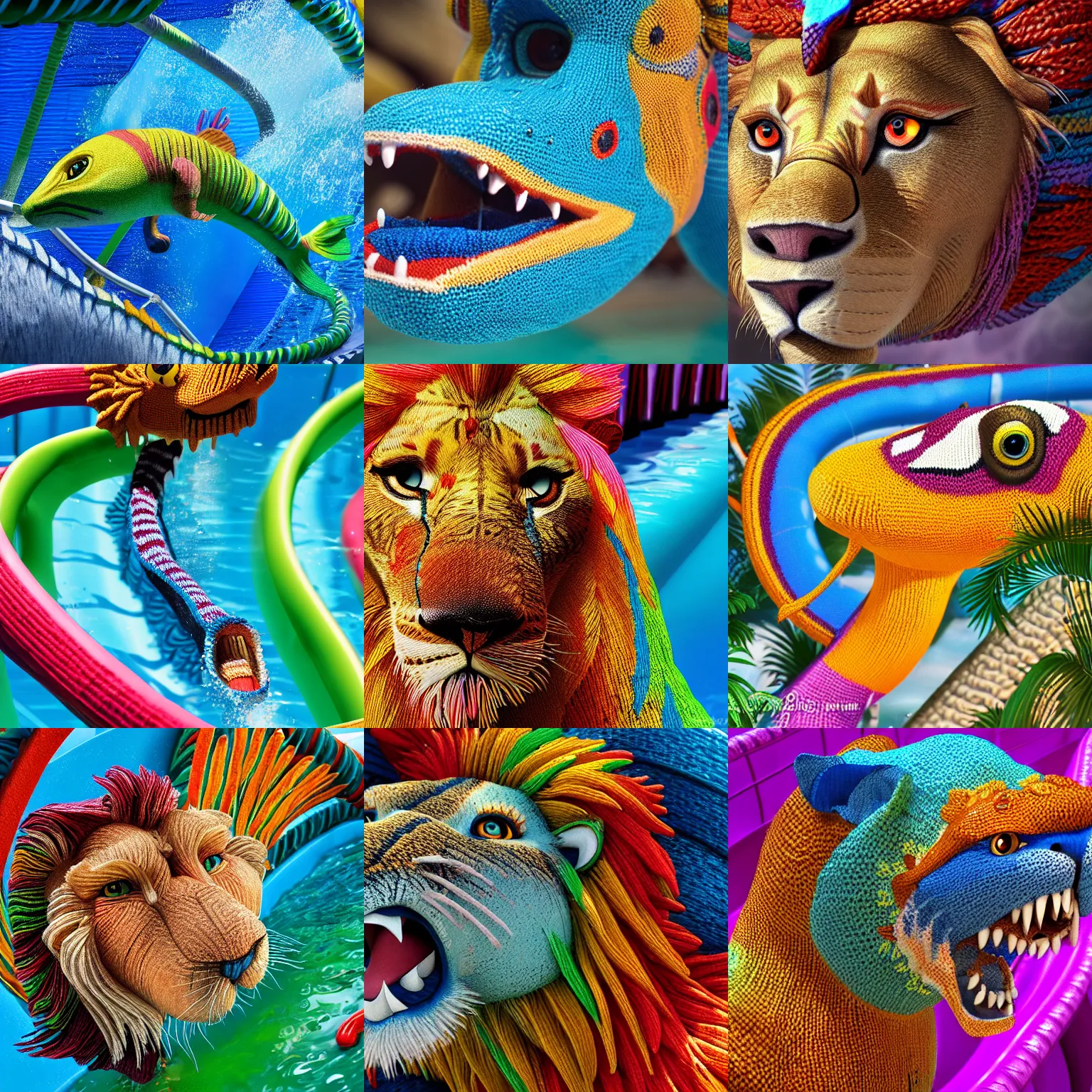 Prompt: a closeup photorealistic photograph of a colorful knitted barracuda lion swimming down a water slide. intricate stitching. professional capture. bright scene. this 4 k hd image is trending on artstation, featured on behance, well - rendered, extra crisp, features intricate detail, epic composition and the style of unreal engine.
