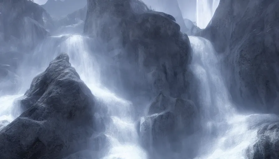 Prompt: Bright white mountains white golden waterfalls, volumetric light, hyperdetailed, artstation, cgsociety, 8k