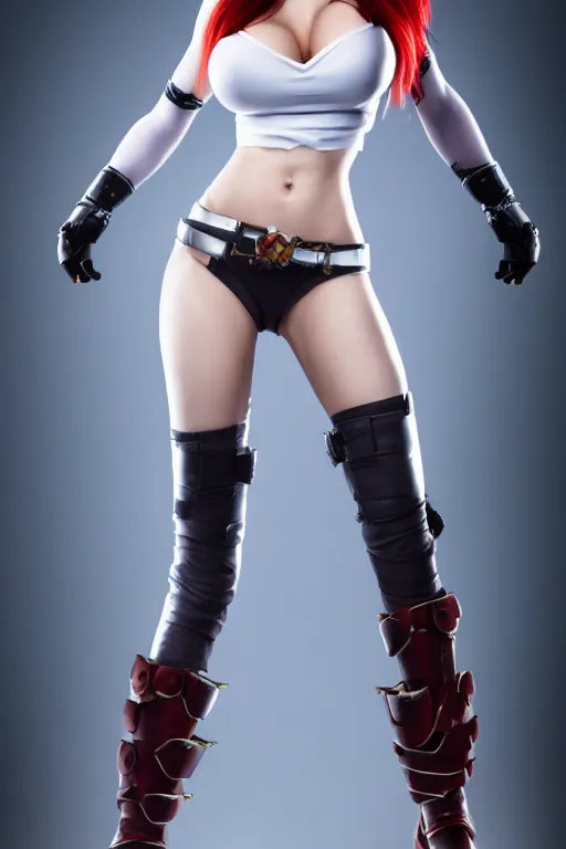 Image similar to Katarina from Overwatch, photorealistic full body, studio lighting, white ambient background, highly detailed