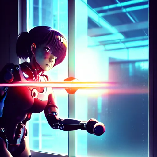 Image similar to beautiful cyborg - girl punching into a large reflective shattering window, window reflections, reflective, mirror reflection, refractions on lens, full round face, biomechanical details, cyberpunk anime art, full body shot, lens flare, wlop, ilya kuvshinov, artgerm, krenz cushart, greg rutkowski