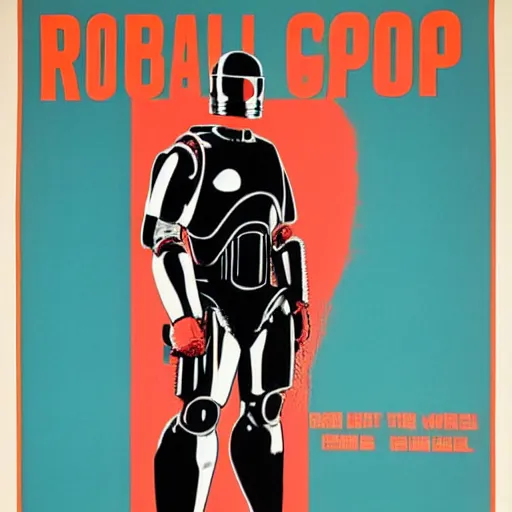 Prompt: RoboCop silkscreen poster by Andy Warhol