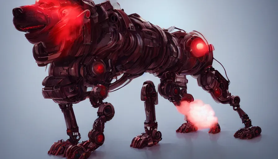 Prompt: Robot dog with red eyes and smoke coming out of its nostrils, hyperdetailed, artstation, cgsociety, 8k