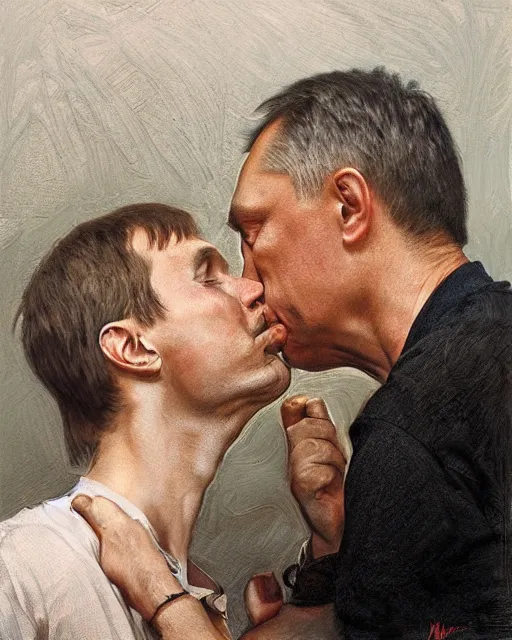 Image similar to photorealistic picture of Putin and Viktor orban kissing by Mandy Jurgens and Richard Schmid and chuck close and mucha