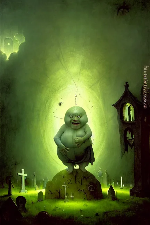 Image similar to hieronymus bosch, greg rutkowski, anna podedworna, painting of a fat white blob person with red hair, god rays, wide shot of a graveyard lit by spooky green lights