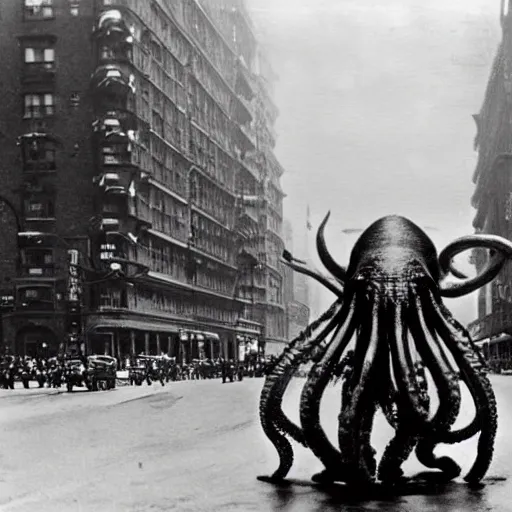 Prompt: old black and white photo, 1 9 1 3, depicting a giant alien dieselpunk octopus rampaging through the bustling streets of new york city, historical record