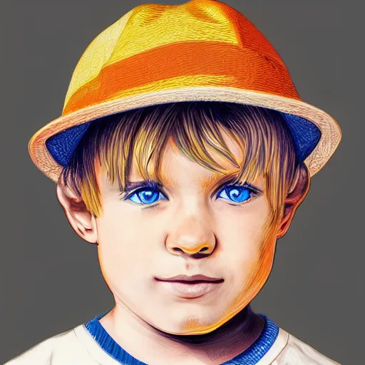 Image similar to a detailed portrait of a boy with blue eyes and blonde hear wearing an orange bucket hat, art illustration, incredibly highly detailed and realistic, 8 k, sharp focus