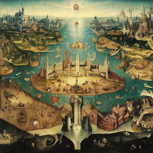 Prompt: a beautiful stunning insanely detailed complex matte painting of a magical mythical city at the edge of the world, by Hieronymus Bosch and Jim B