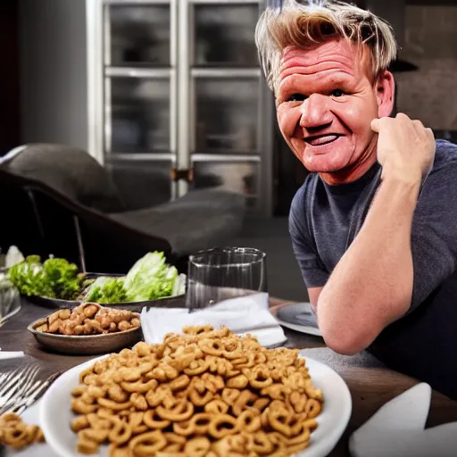 Prompt: gordon ramsay sitting at a dinner table with a bowl of cheerios, smiling, giddy, excited, 8 k photo