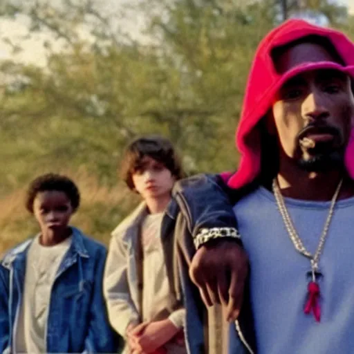 Image similar to movie still of tupac as a new character in next season of stranger things. he is wearing a hoodie and standing with crossed arms as the cast tells him about the upside down