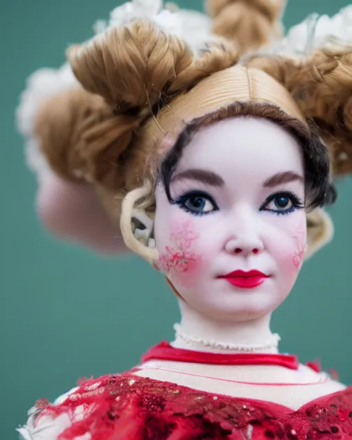 Image similar to high quality presentation photo of bjork as a porcelain doll, photography 4k, f1.8 anamorphic, bokeh, 4k, Canon, Nikon