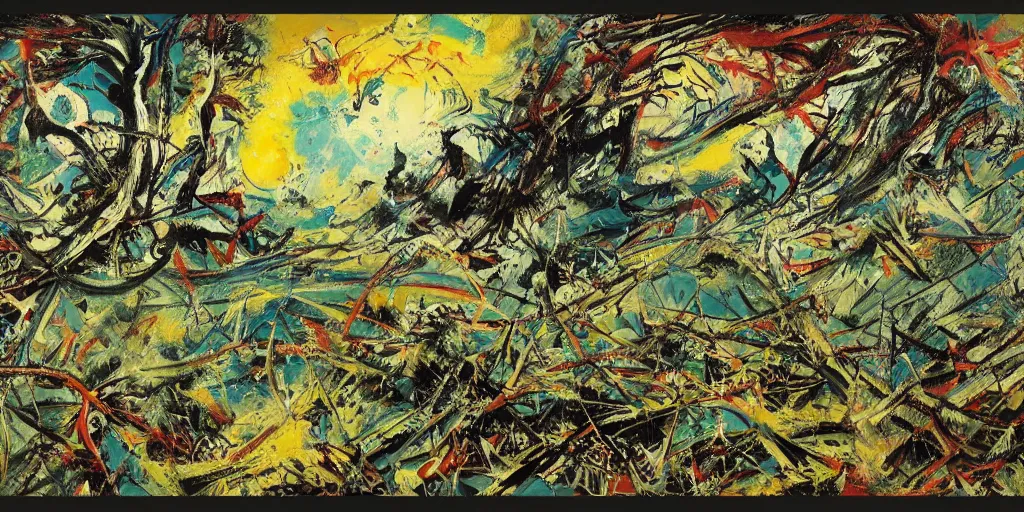Prompt: a high quality professional 360 painting of a fantasy landscape by Jackson Pollock, detailed, elegant, intricate, 4k