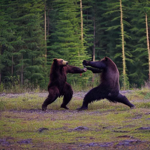Prompt: kodiak bears kung - fu fighting in a forest clearing, twilight,
