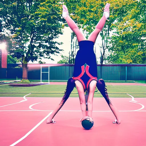 Image similar to a girl doing a handstand on the school basketball court, digital art, lens flare