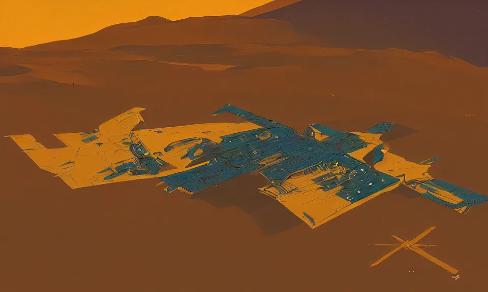 Prompt: digital art, birds eye view, berber witch over the desert at night, by syd mead, syd mead color scheme, sci - fi, arik roper, kirby krackle, concept art