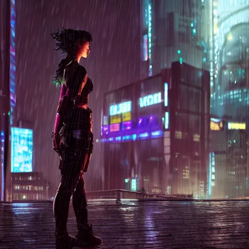 Prompt: a cyberpunk woman in dystopian city, rainy night, realistic, highly detailed digital art, 8k Octane