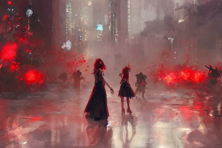 Prompt: a girl in a red dress walking in the middle of a street surrounded by zombies, Craig Mullins, krenz cushart, guweiz, wlop