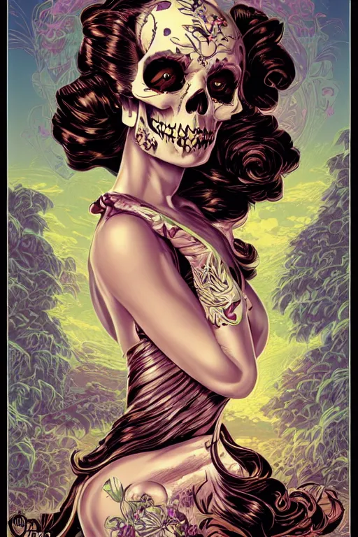 Prompt: a beautiful fancy skull lady by dan mumford and gil elvgren