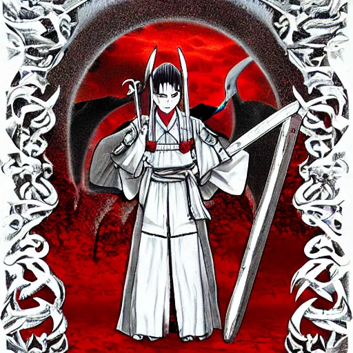 Image similar to samarai cloaked in white with swords, standing in light beam of a dark cave, ruby red sorrow, high quality, ultra detail