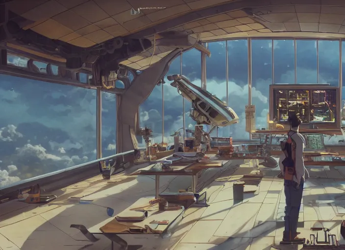 Image similar to low angle shot of a stretching on a mechanics workbench in a spaceport in a space opera studio ghibli animated film, volumetric lighting, octane render by anime, stanley artgerm lau, greg rutkowski, thomas kindkade, alphonse mucha, loish, norman rockwel, highly detailed
