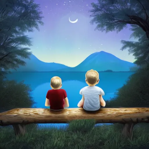 Image similar to a silver dragon and a boy sitting together next to a lake watching firefly, night, forest