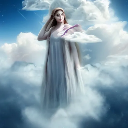 Image similar to goddess wearing a cloud fashion on the clouds, photoshop, colossal, creative, albino skin, giant, digital art, photo manipulation, clouds, covered in clouds, girl clouds, on clouds, covered by clouds, a plane flying on the sky, digital painting, artstation