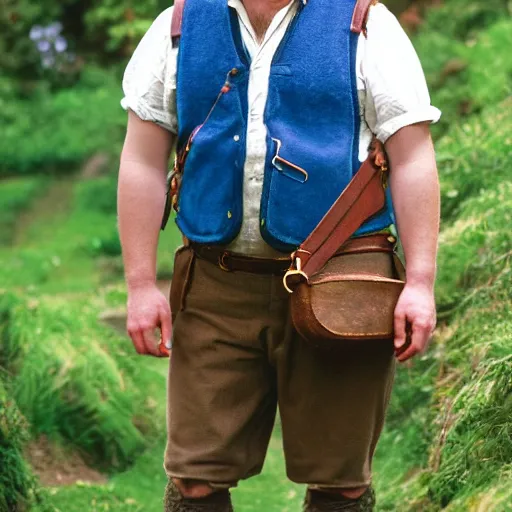 Image similar to frowning clean shaven pudgy British lad with short curly dark brown hair as a hobbit wearing a white men's crossbody sling chest bag and blue vest, blue vest!! white crossbody chestbag!! high resolution film still, movie by Peter Jackson