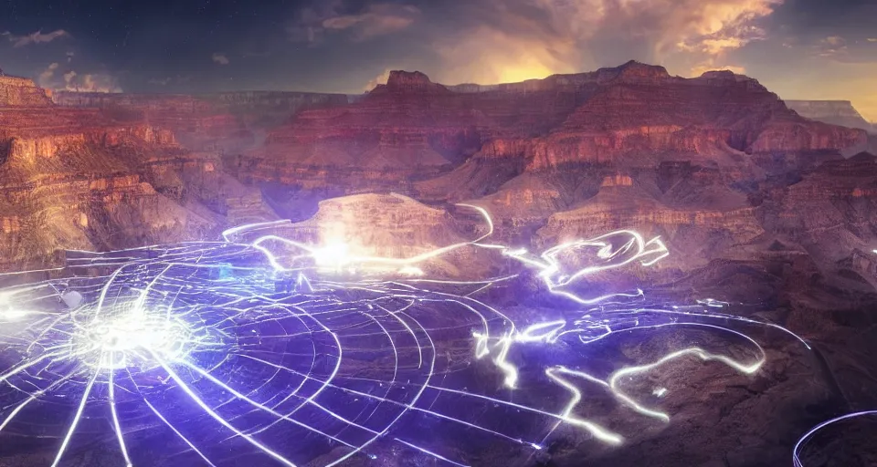 Image similar to night, people and a spiral - shaped white luminous attractor is floating in grand canyon, concept art, art for the game, professional lighting, art