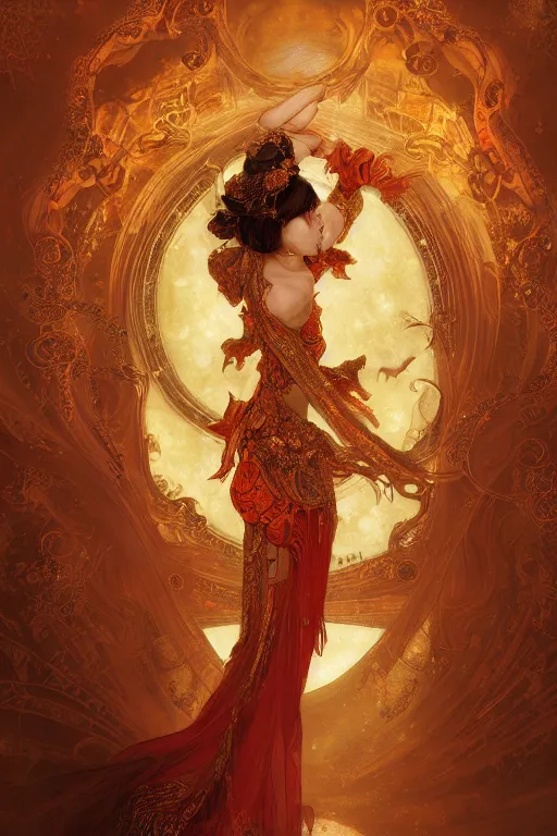 Image similar to tarot card artstation, portrait of an asian love dancer, sunrise, baroque ornamnet and rococo ornament, ancient chinese ornate, hyperdetailed, beautiful lighting, craig mullins, mucha, klimt, yoshitaka amano, red and gold and orange color palatte