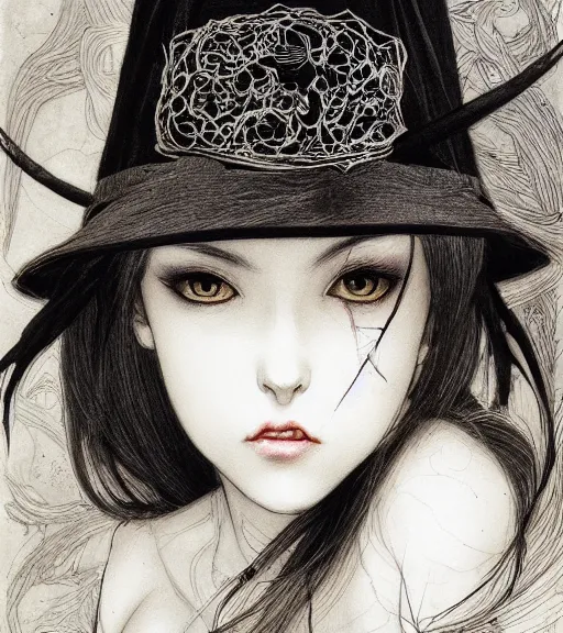 Prompt: portrait of anime succubus with long hair wearing a witch hat, perfect fit body, wearing black dress, beautiful eyes and lips, pen and ink, intricate line drawings, by craig mullins, ruan jia, kentaro miura, greg rutkowski, loundraw