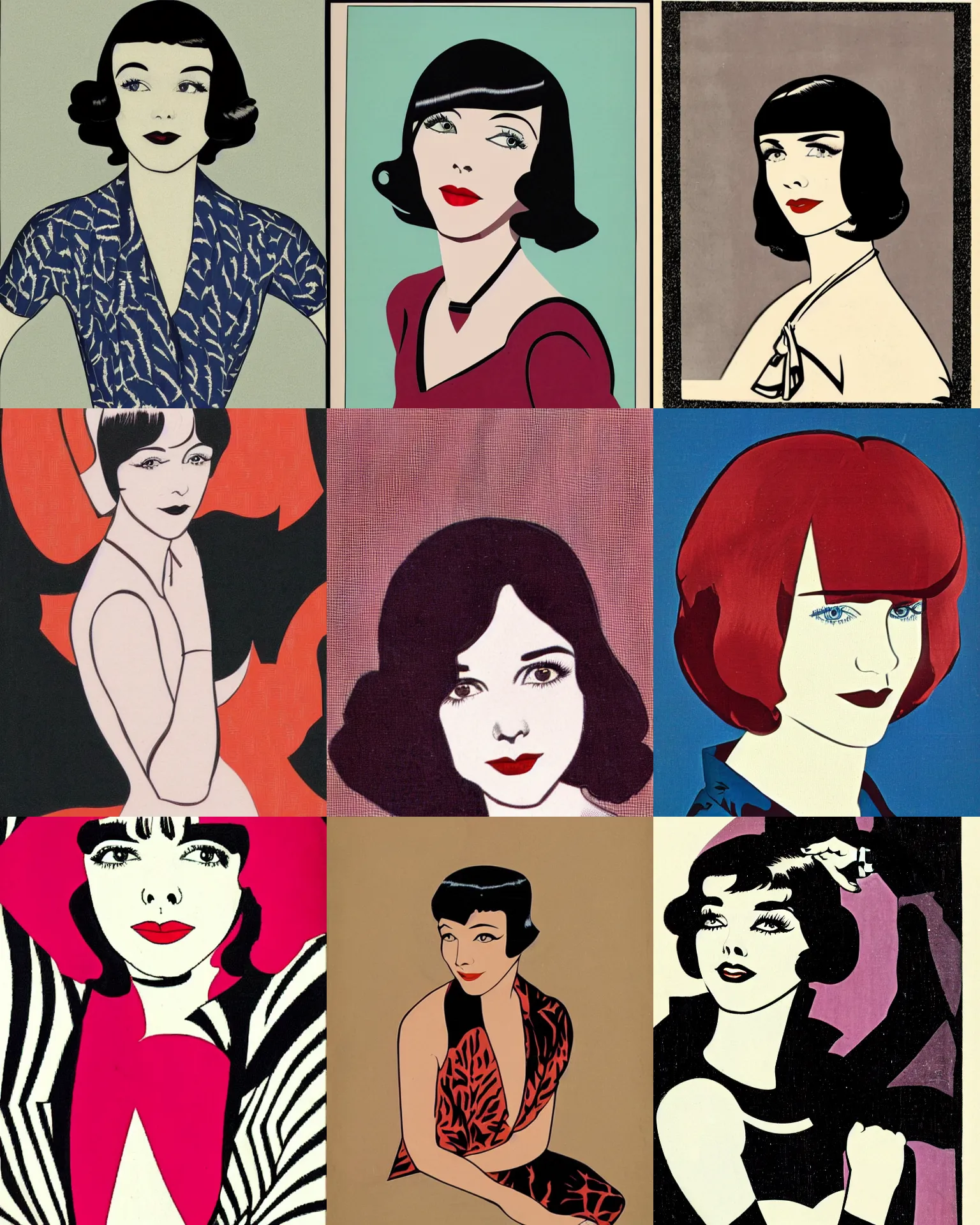 Image similar to Colleen Moore 25 years old, bob haircut, portrait by Patrick Nagel, 1920s, patterned