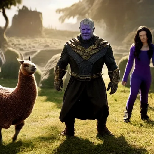 Prompt: Thanos as Frodo Baggins, photobomb by an alpaca, the shire, short person, the ring, lord of the rings