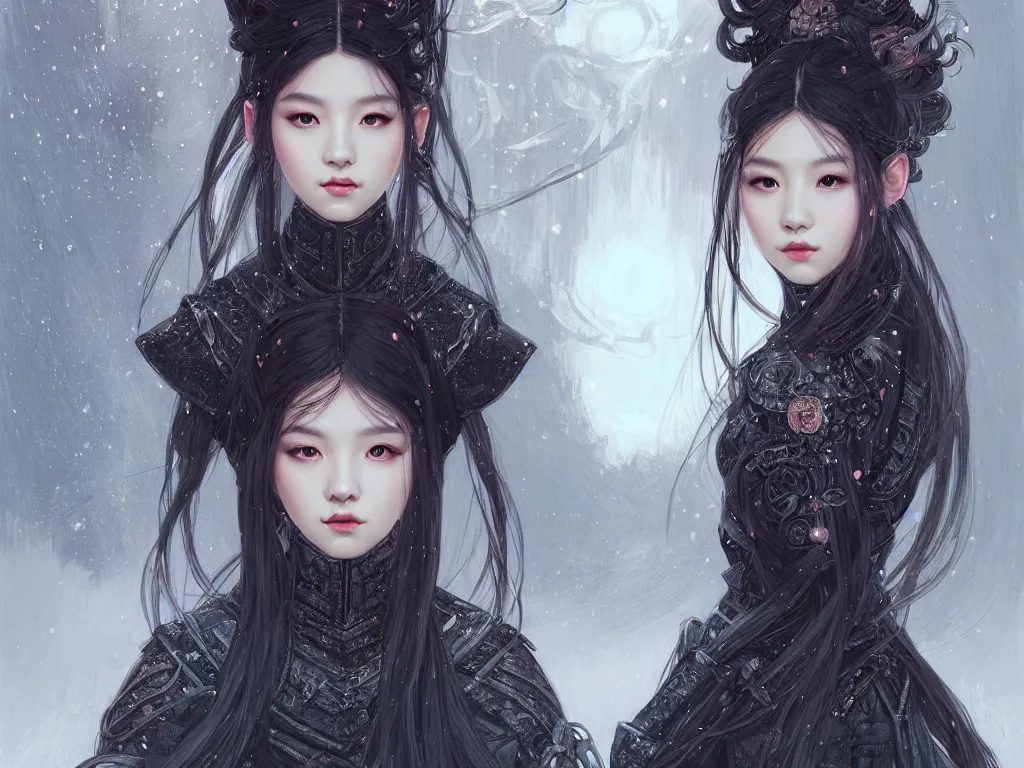 Prompt: portrait jisoo blackpink, grey hair armored samurai clothes, in torii black magic snowy night, ssci - fi and fantasy, intricate and very very beautiful and elegant, digital painting, artstation, concept art, smooth, illustration, art by tian zi and wlop and alphonse mucha