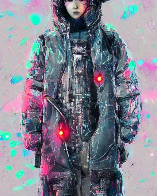 Image similar to detailed portrait Neon Operator Girl cyberpunk futuristic neon Reflective puffy coat, decorated with traditional japanese ornaments by ismail inceoglu dragan bibin hans thoma greg rutkowski Alexandros Pyromallis Nekro Rene Margitte illustrated Perfect face, fine details, realistic shaded, fine-face, pretty face