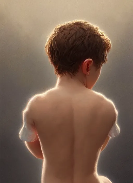 Image similar to perfectly - portrait of a boy from behind, intricate, highly detailed, digital painting, artstation, concept art, smooth, sharp focus, illustration, unreal engine 5, 8 k, art by artgerm and greg rutkowski and alphonse mucha