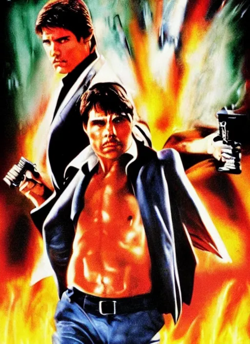 Prompt: the movie poster of scarface with tom cruise, high quality, studio photography, colourful, hero, 1 9 8 8, heroic, beautiful