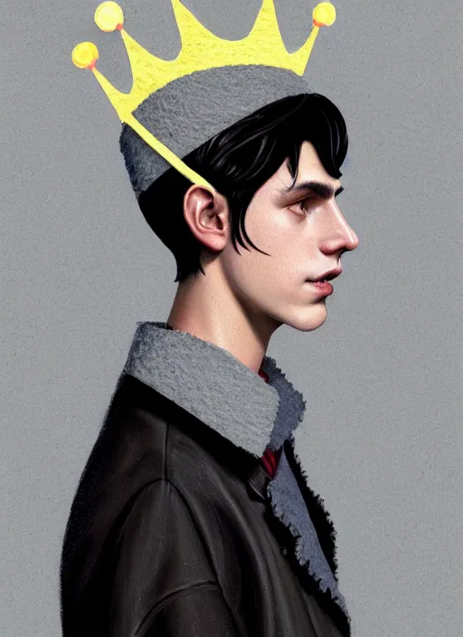 Image similar to portrait of teenage jughead jones wearing a light grey crown, photorealistic, crown made of fabric, crown made of felt, black hair, intricate, elegant, highly detailed, digital painting, glowing lights, artstation, concept art, smooth, sharp focus, illustration, art by wlop, mars ravelo and greg rutkowski