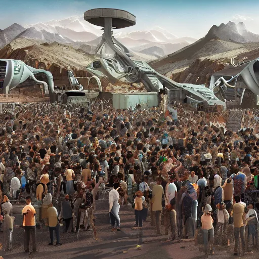 Image similar to a crowd gathering around government base ( ( area 5 1 ) ) trending on artstation digital paint 4 k render