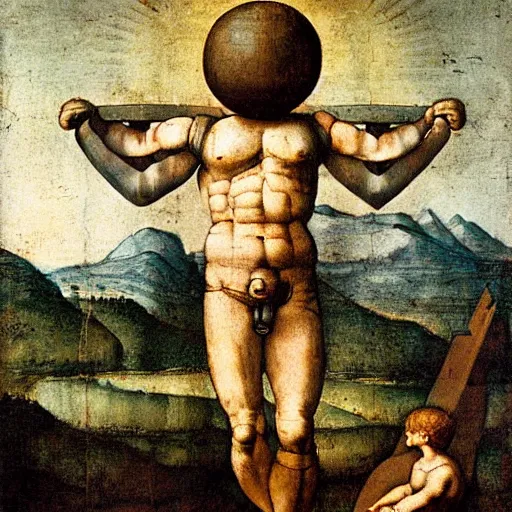 Image similar to a painting of atlas carrying the earth on its shoulders by Leonardo da vinci