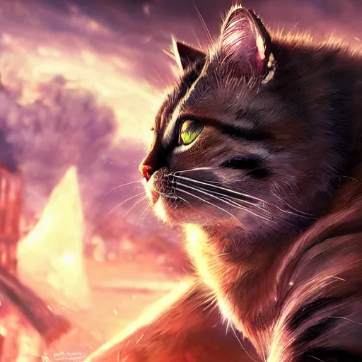 Image similar to a hyper realistic cat warrior, ultra detailed, magic the gathering art, digital art, cinematic, studio lighting, background battlefield, fantasy,