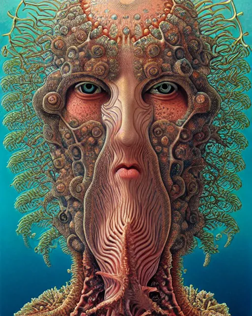 Image similar to realistic detailed underwater face portrait of the beautiful young god of the fish of the fractal waters with an intricate headgear of corals, sea kelp, sea plants, fish, starfish, jellyfish, art by ernst haeckel, zdzisław beksinski, hieronymus bosch, gothic, neo - gothic, ornamental, beautiful deep colours,