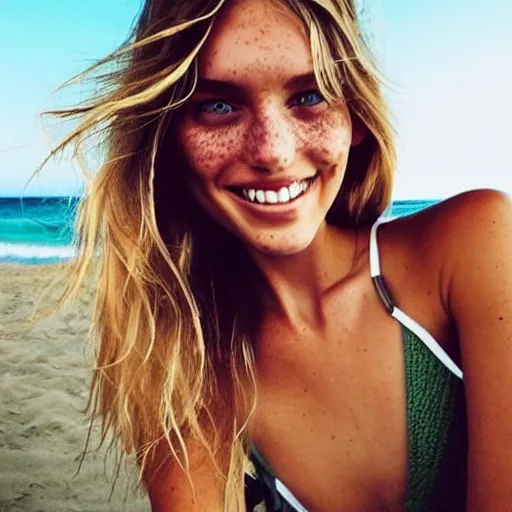 Image similar to a trending photo of over a million views from a female fashion model's instagram account, summer, freckles, smile, green eyes, natural, easygoing, healthy