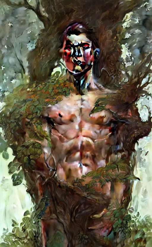 Prompt: young god of the forest, male, gorgeous, detailed face, clear face, amazing, muscular, intricate, highly detailed, digital painting, artstation, concept art, sharp focus, illustration, art by greg rutkowski and alphonse mucha