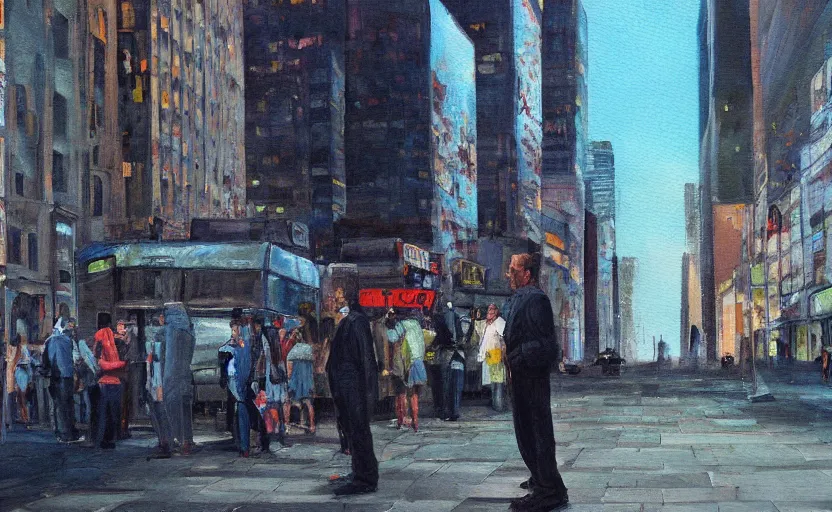 Image similar to detailed painting of a man standing alone in a city with his eyes open but everyone else is on the side staring at crt television screens everywhere.